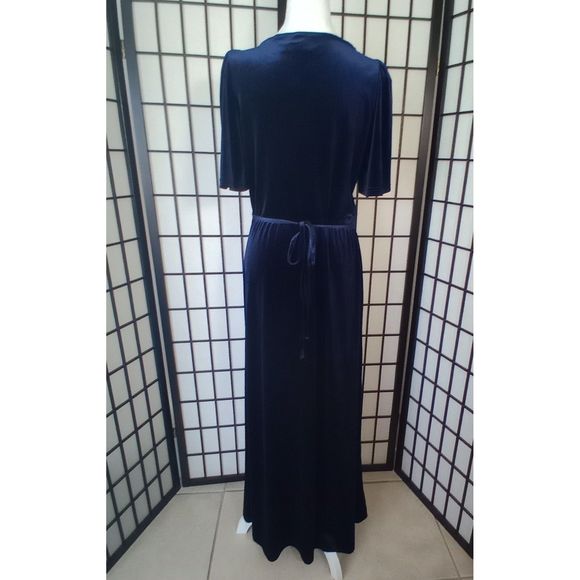 MEROKEETY Women's Blue V-Neck Wrap Velvet Maxi Dress Bell Sleeve Dress Size Med - Picture 6 of 10